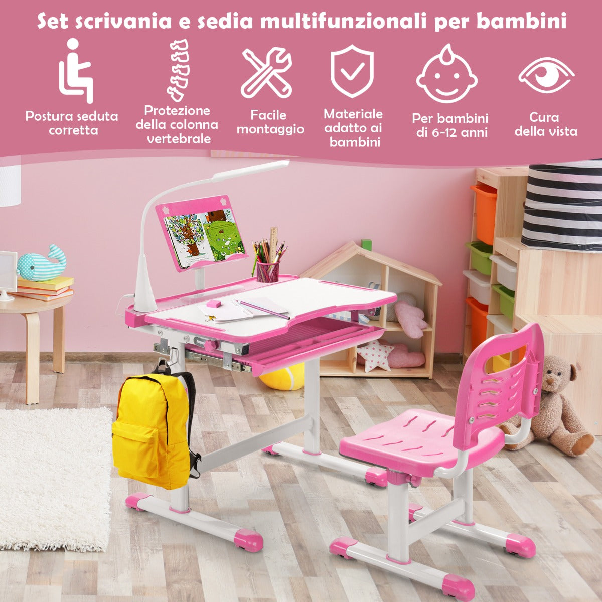 Set, Scrivania bambini elementari, Sedia per bambini, con altezza regolabile, con leggio per libri e luce LED, Rosa, Costway, 4