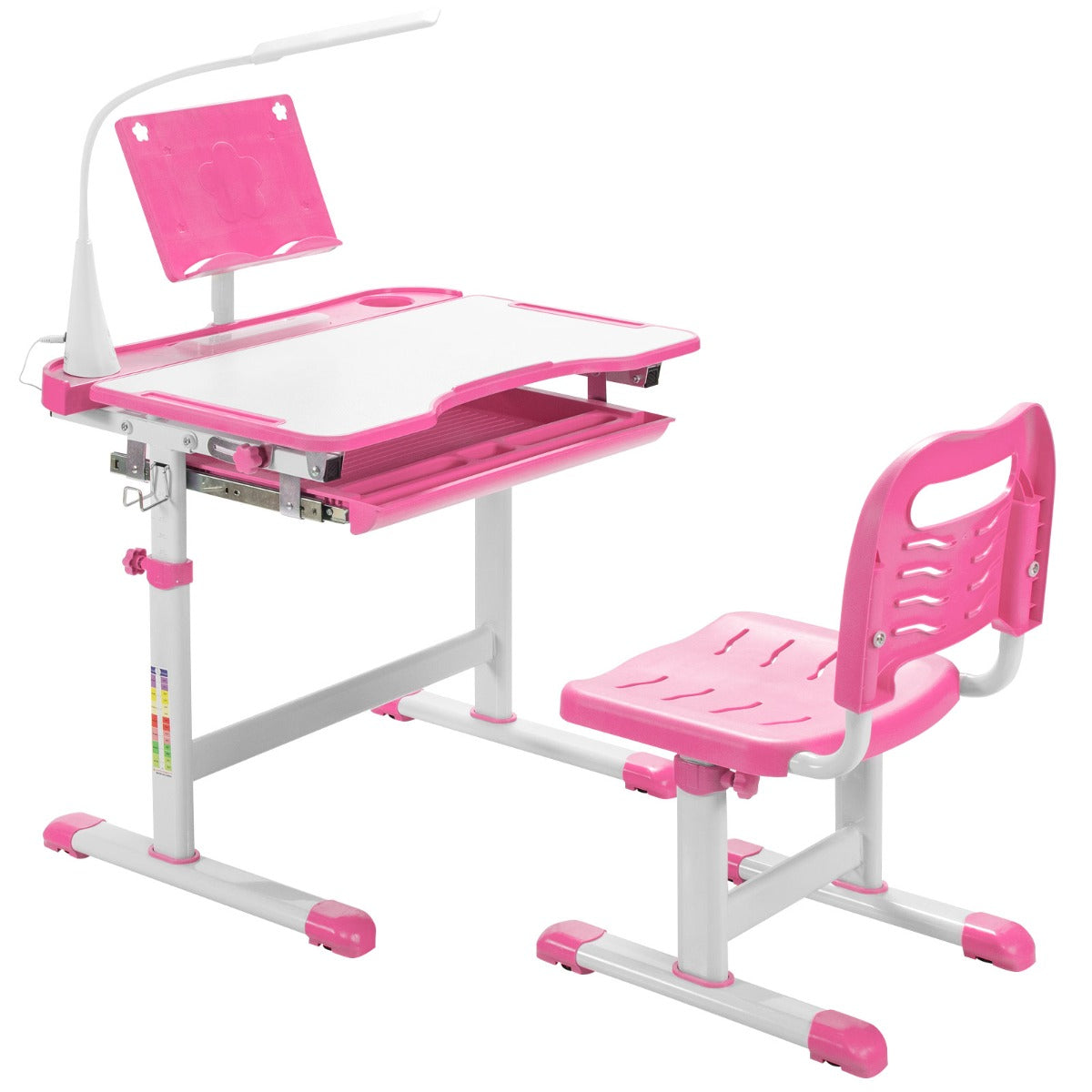 Set, Scrivania bambini elementari, Sedia per bambini, con altezza regolabile, con leggio per libri e luce LED, Rosa, Costway, 1