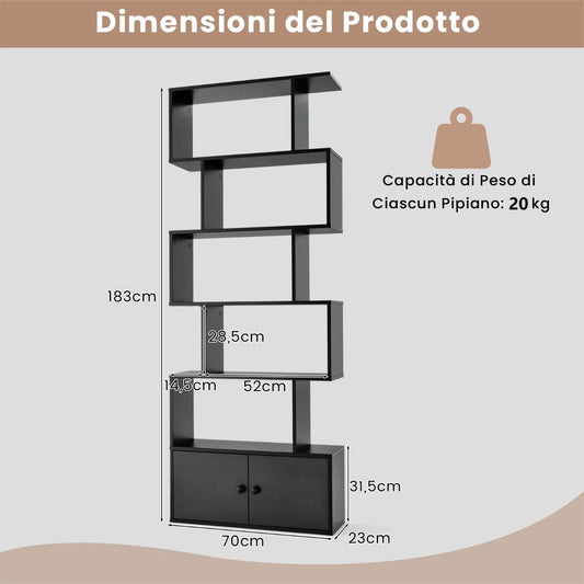 Libreria, Libreria con ante, Scaffali, forma di S a 5 livelli con ante, Libreria moderna, in legno, Nero, Costway, 2