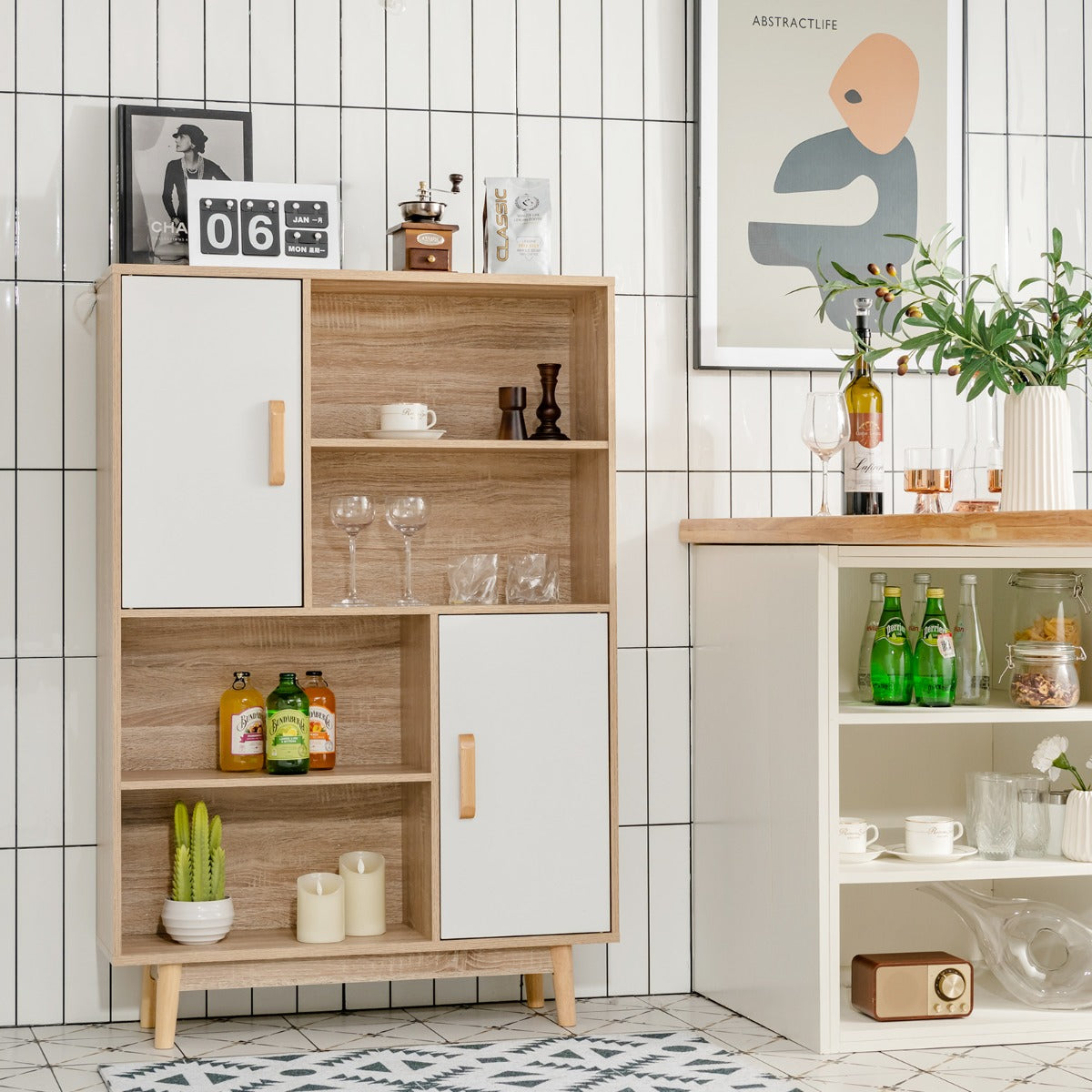 Armadietto, Libreria, Libreria con ante, Libreria moderna, con 4 livelli e 4 mensole aperte, Beige Bianco, Costway, 3
