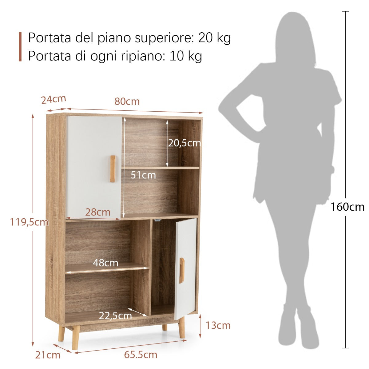 Armadietto, Libreria, Libreria con ante, Libreria moderna, con 4 livelli e 4 mensole aperte, Beige Bianco, Costway, 4