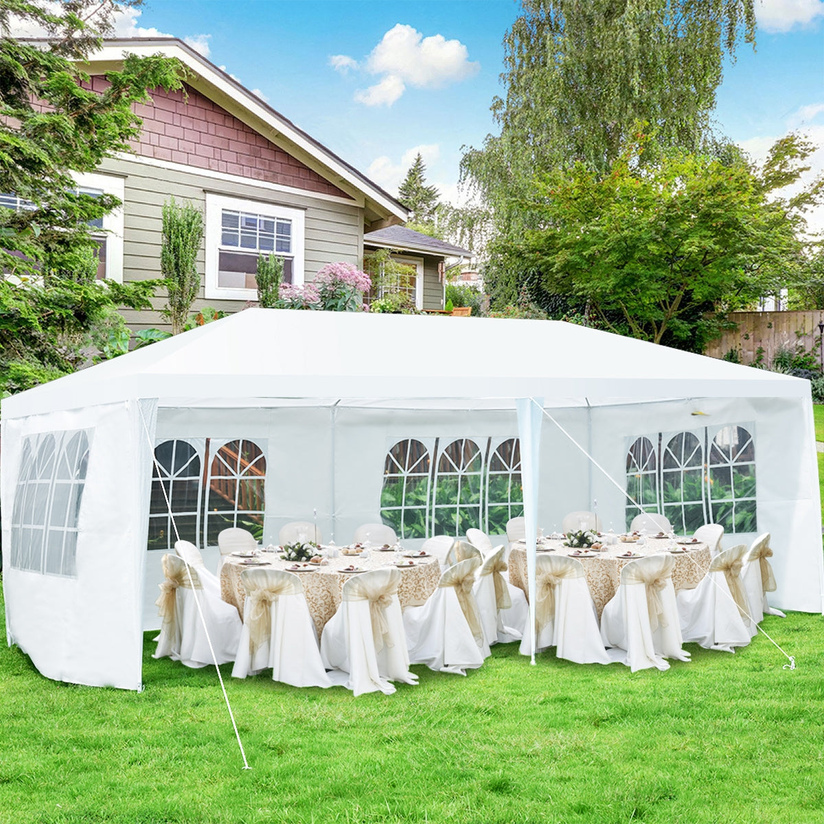 Gazebo giardino, 3x6m, Tendapro, Gazebo esterno, 4 tende laterali rimovibili e 2 porte con cerniera, Bianco, Costway, 3
