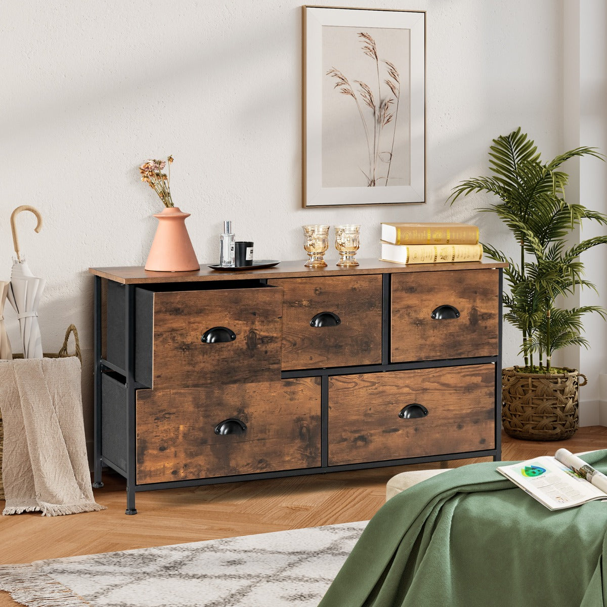 Comò, Credenza soggiorno, Mobile spazioso, Organizer con 5 cassetti in tessuto rimovibili pieghevoli telaio in acciaio, Marrone, Costway, 2