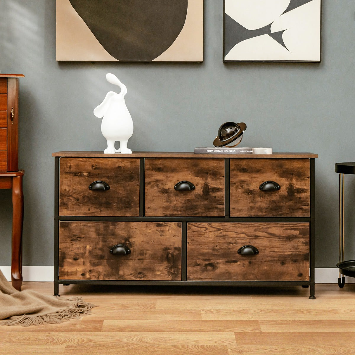 Comò, Credenza soggiorno, Mobile spazioso, Organizer con 5 cassetti in tessuto rimovibili pieghevoli telaio in acciaio, Marrone, Costway, 3
