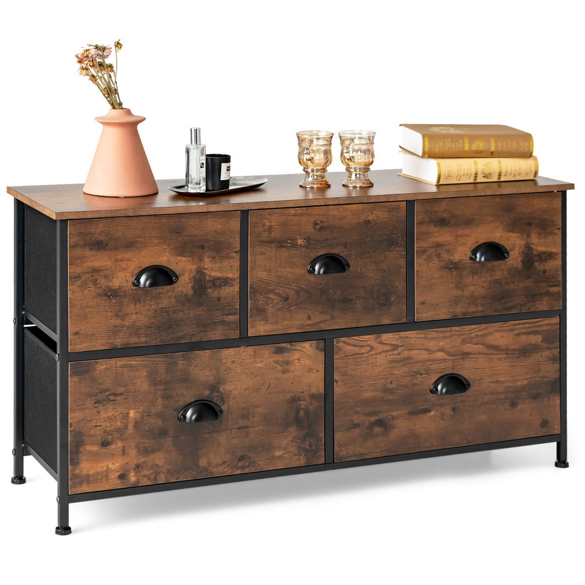 Comò, Credenza soggiorno, Mobile spazioso, Organizer con 5 cassetti in tessuto rimovibili pieghevoli telaio in acciaio, Marrone, Costway, 4