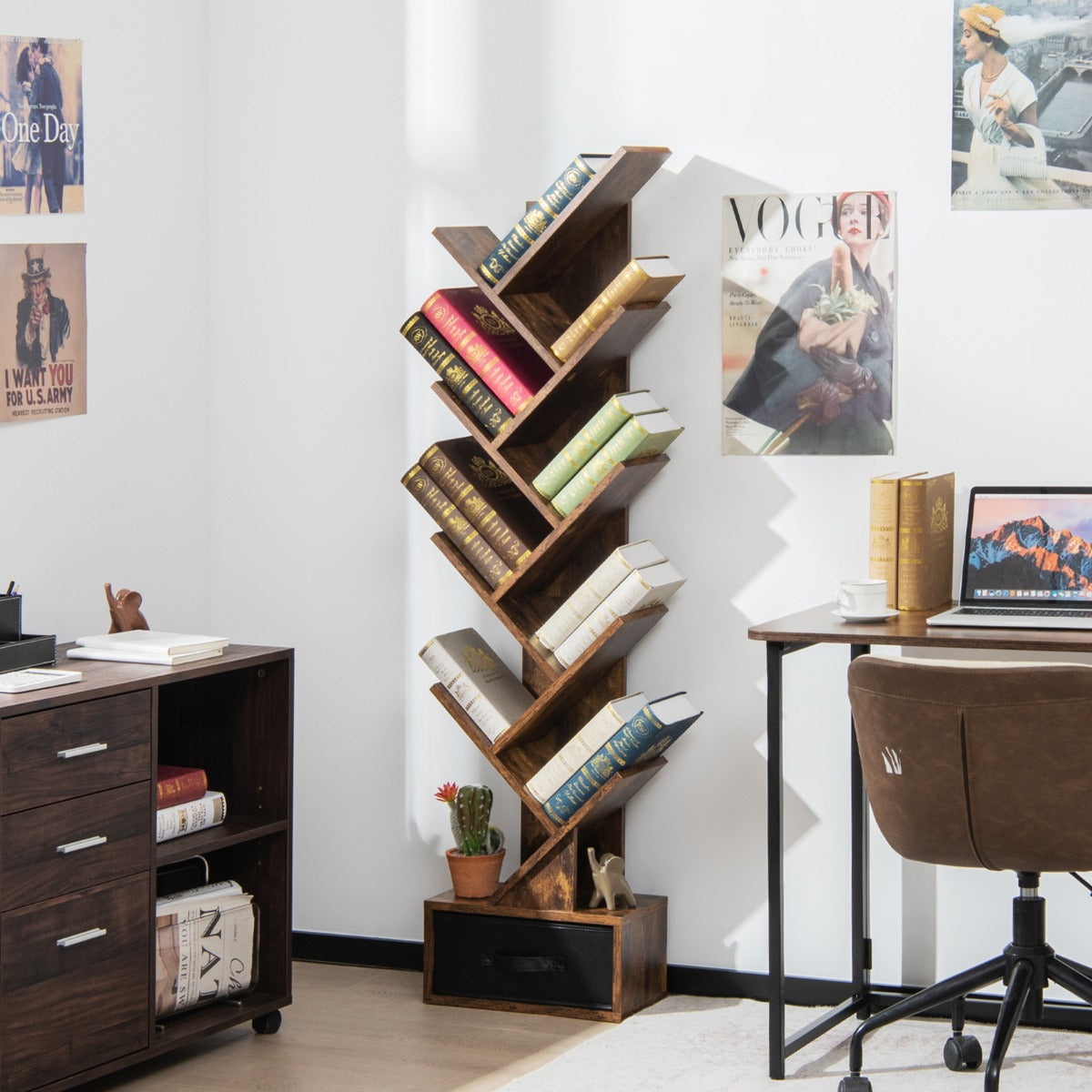 Libreria, Scaffale, ad albero a 10 ripiani con cassetto, Libreria moderna, Scaffale da terra, Marrone, Costway, 2