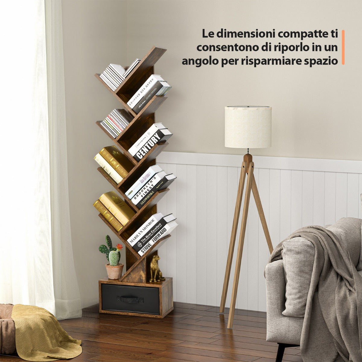 Libreria, Scaffale, ad albero a 10 ripiani con cassetto, Libreria moderna, Scaffale da terra, Marrone, Costway, 4