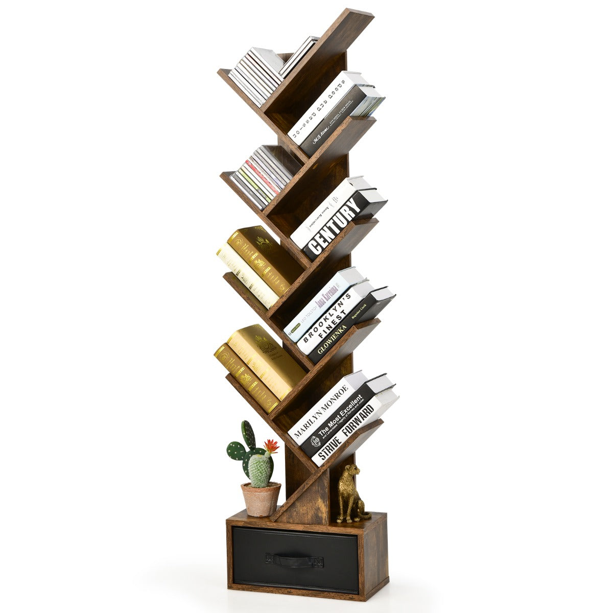 Libreria, Scaffale, ad albero a 10 ripiani con cassetto, Libreria moderna, Scaffale da terra, Marrone, Costway, 1