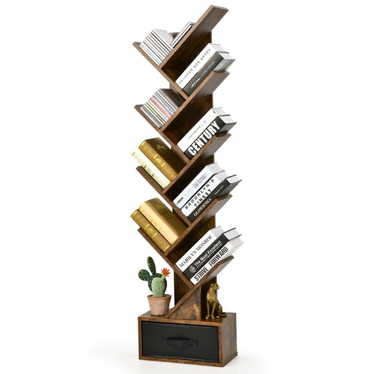 Libreria, Scaffale, ad albero a 10 ripiani con cassetto, Libreria moderna, Scaffale da terra, Marrone, Costway, 1
