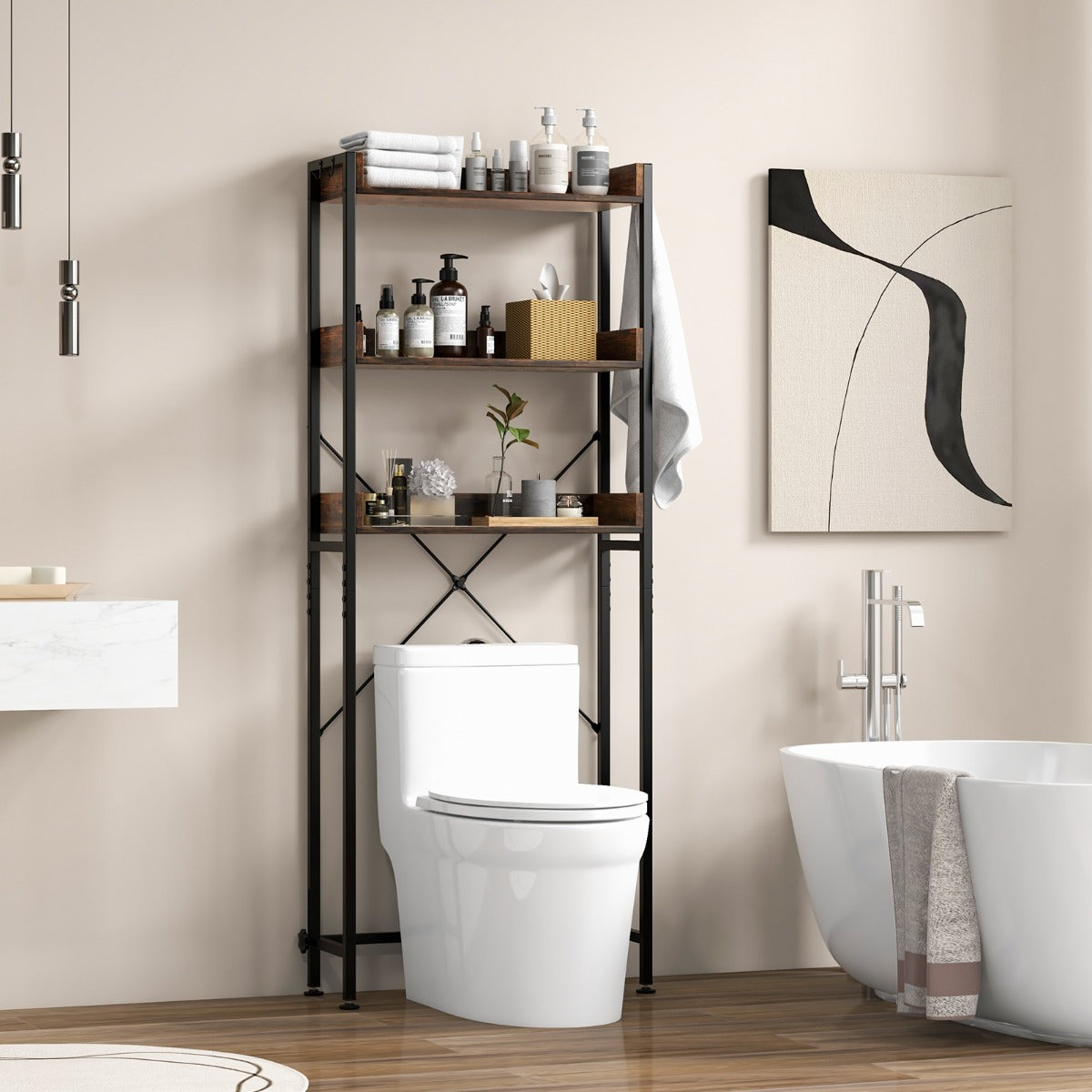 Scaffale bagno, Scaffale metallo, sopra water con 4 ganci barra inferiore regolabile, Marrone, Costway, 2