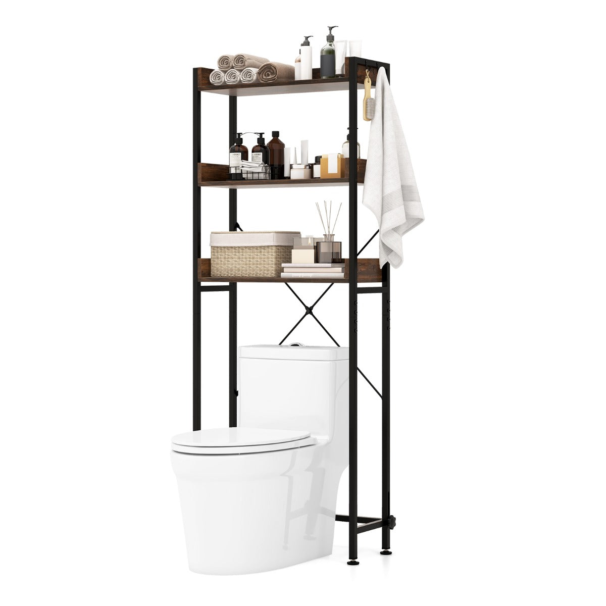 Scaffale bagno, Scaffale metallo, sopra water con 4 ganci barra inferiore regolabile, Marrone, Costway, 1