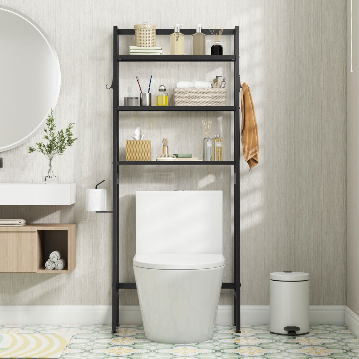 Scaffale bagno, Scaffale di archiviazione sopra la toilette, 3 livelli con asta inferiore regolabile, Nero, Costway, 3