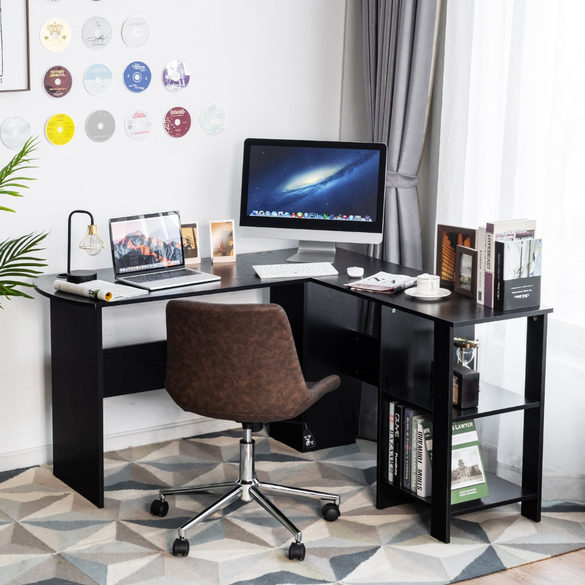 Scrivania Angolare, Scrivania Moderna, Scrivania per Ufficio, Scrivania per Computer, Scrivania per PC, Nero, Costway, 2