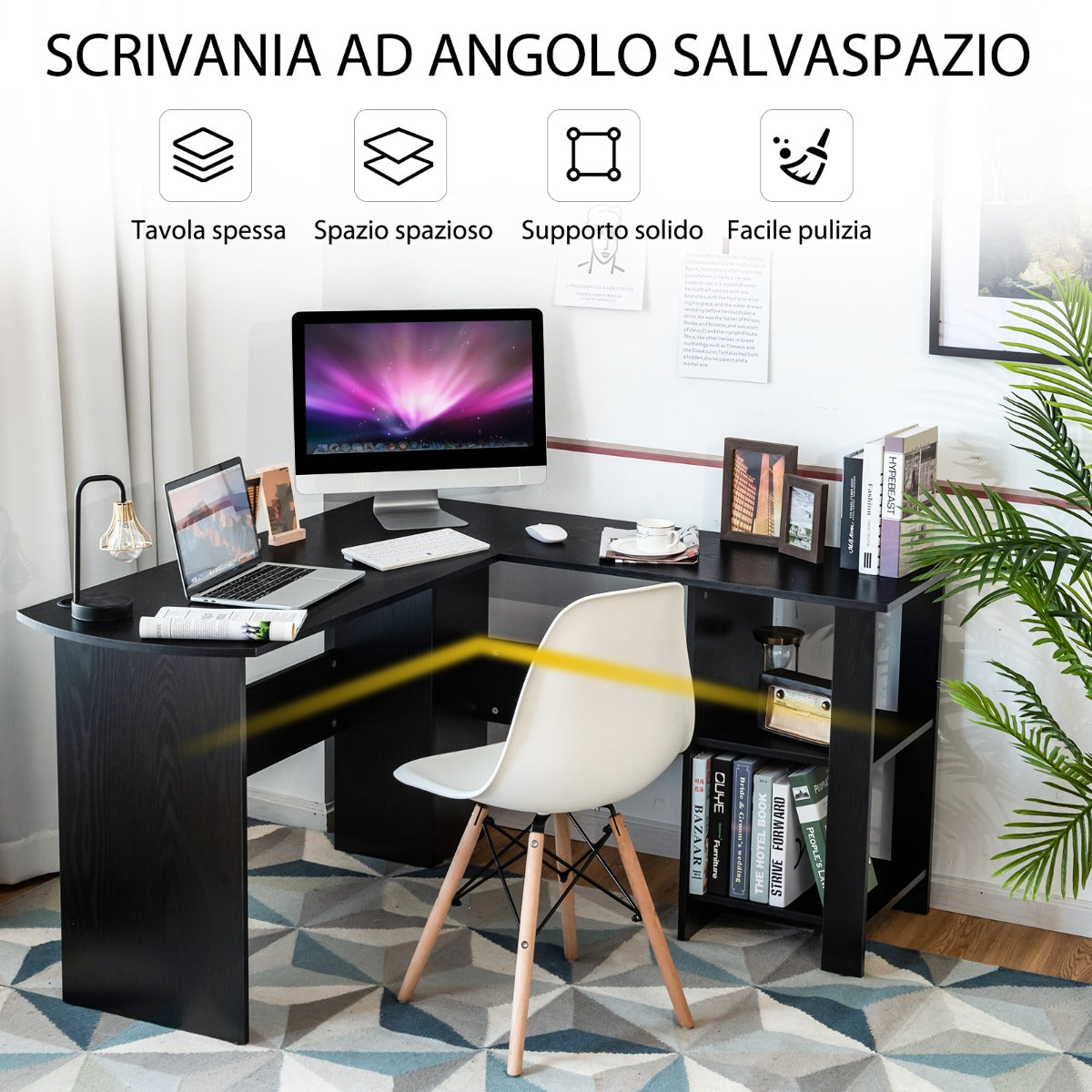 Scrivania Angolare, Scrivania Moderna, Scrivania per Ufficio, Scrivania per Computer, Scrivania per PC, Nero, Costway, 4