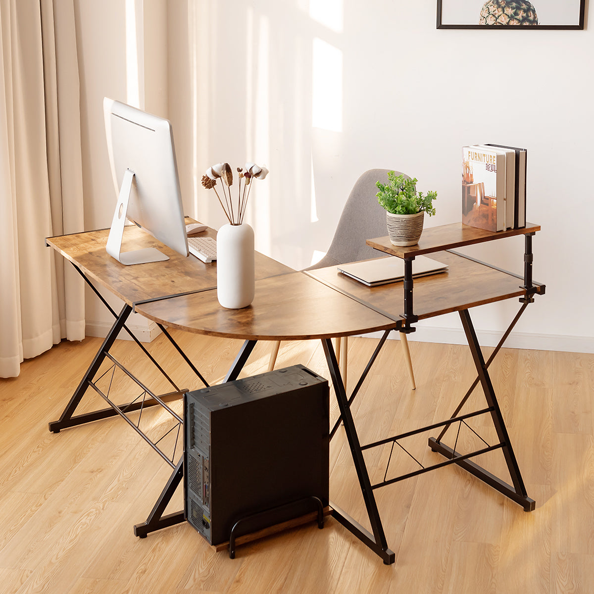 Scrivania ad angolo a L, Scrivania Angolare, Scrivania per computer da 147cm, Scrivania da Ufficio, Marrone, Costway