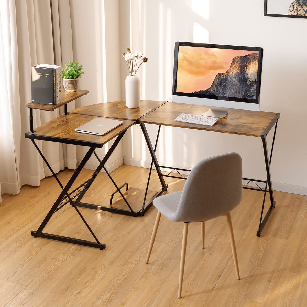 Scrivania ad angolo a L, Scrivania Angolare, Scrivania per computer da 147cm, Scrivania da Ufficio, Marrone, Costway