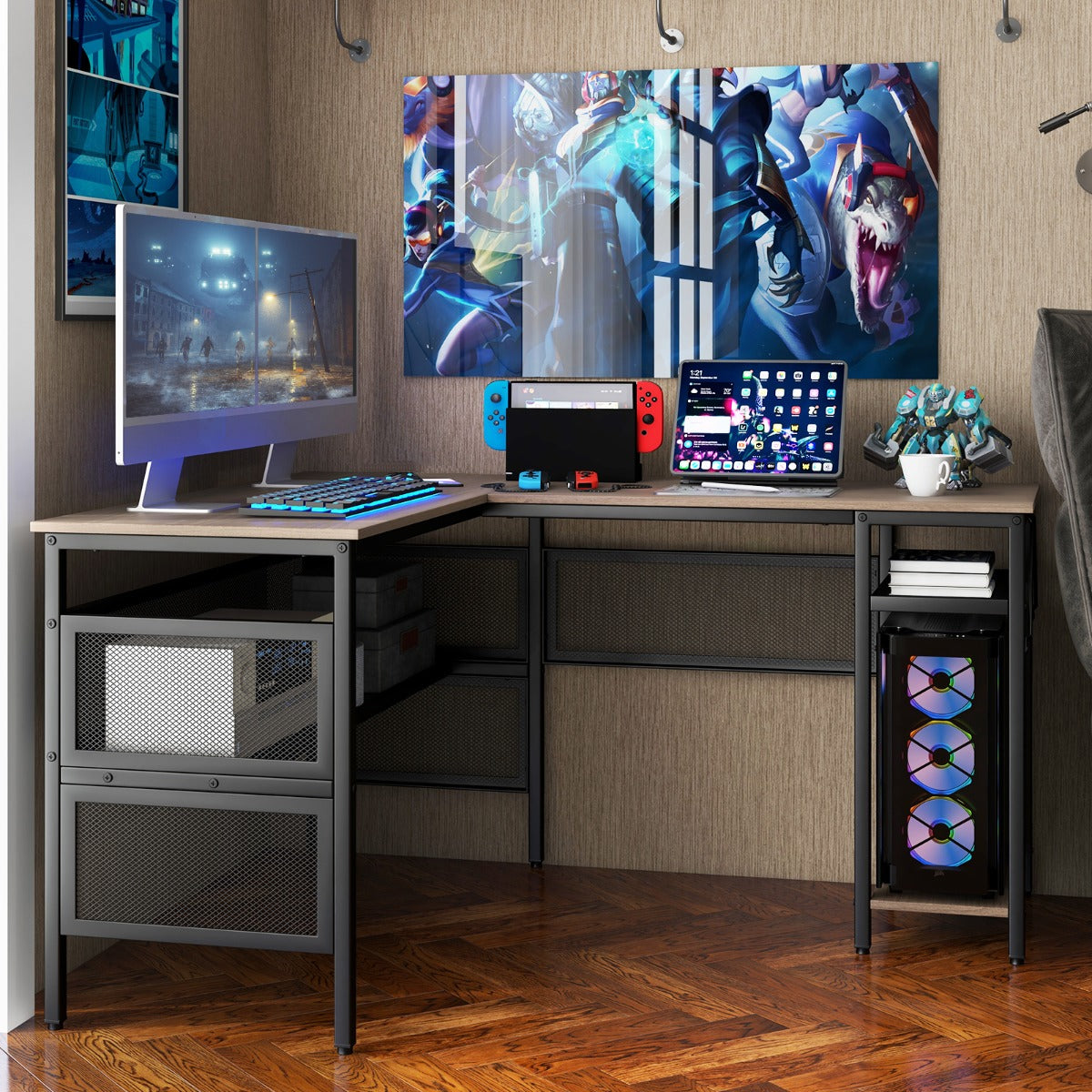 Scrivania Angolare, Scrivania ad Angolo da 140cm, Scrivania porta PC, Scrivania da Ufficio, Grigio, Costway, 3