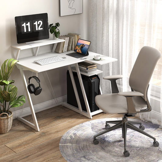 Scrivania da gioco con prese e porte USB, Scrivania per Computer piccola con ripiano per monitor gancio, Bianco, Costway, 2