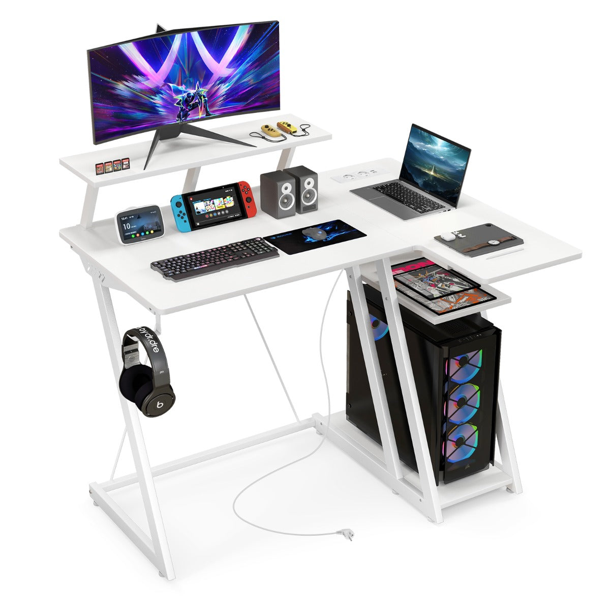 Scrivania da gioco con prese e porte USB, Scrivania per Computer piccola con ripiano per monitor gancio, Bianco, Costway, 4