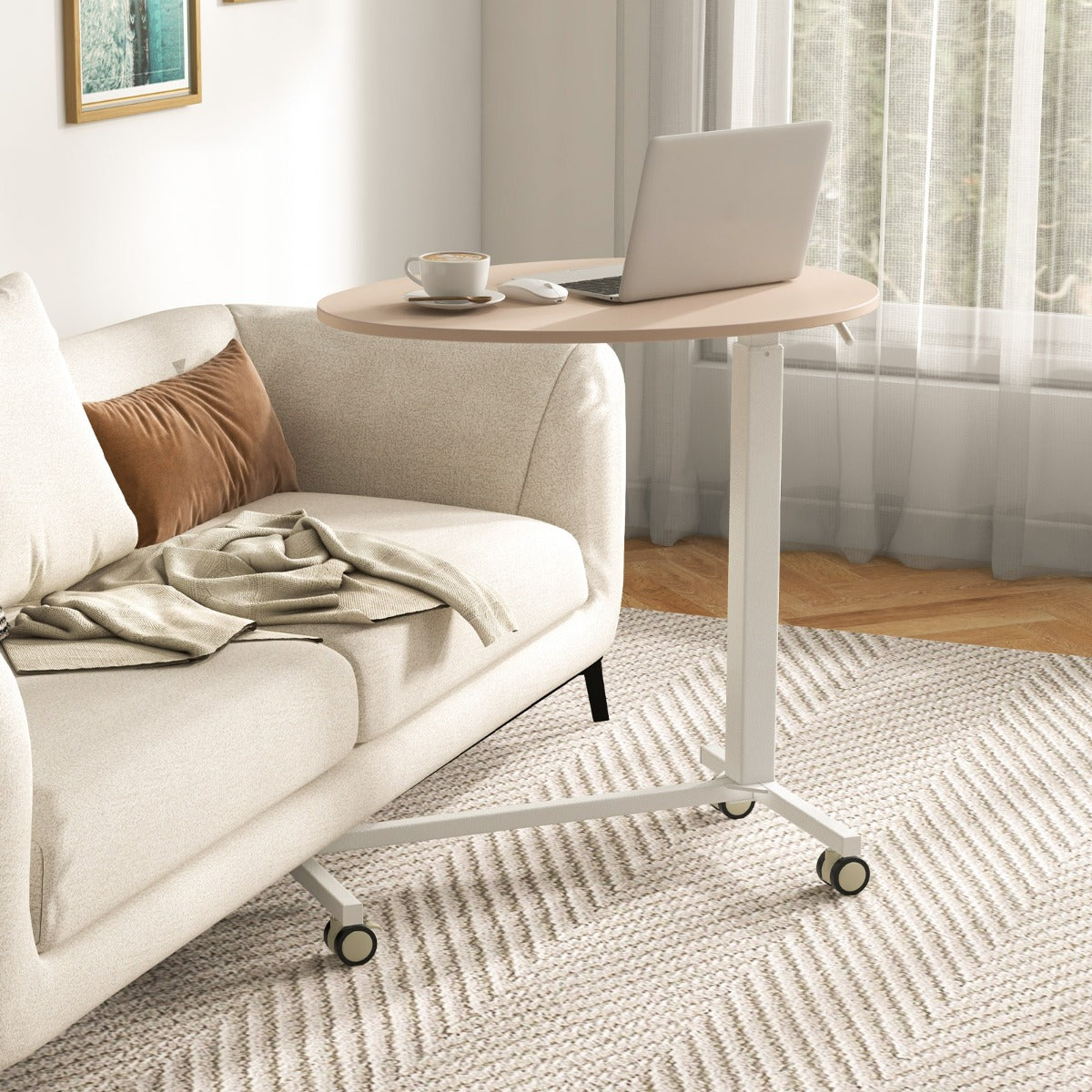 Scrivania PC, tavolo con ruote, con ruote bloccabili e piano ovale, Scrivania rotante regolabile in altezza, Roseo, Costway, 2