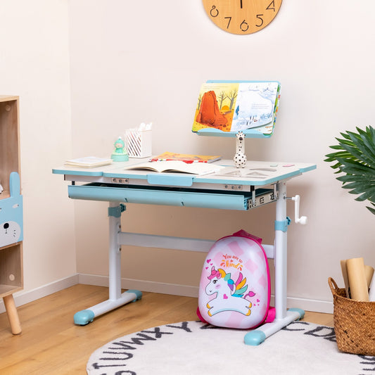 Scrivania bambini, Scrivania bambini elementari, regolabile in altezza con piano inclinabile cassetto e righello, Azzurro, Costway, 2
