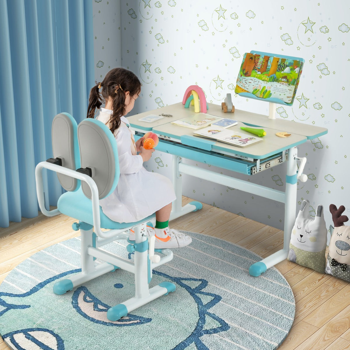 Scrivania bambini, Scrivania bambini elementari, regolabile in altezza con piano inclinabile cassetto e righello, Azzurro, Costway, 3