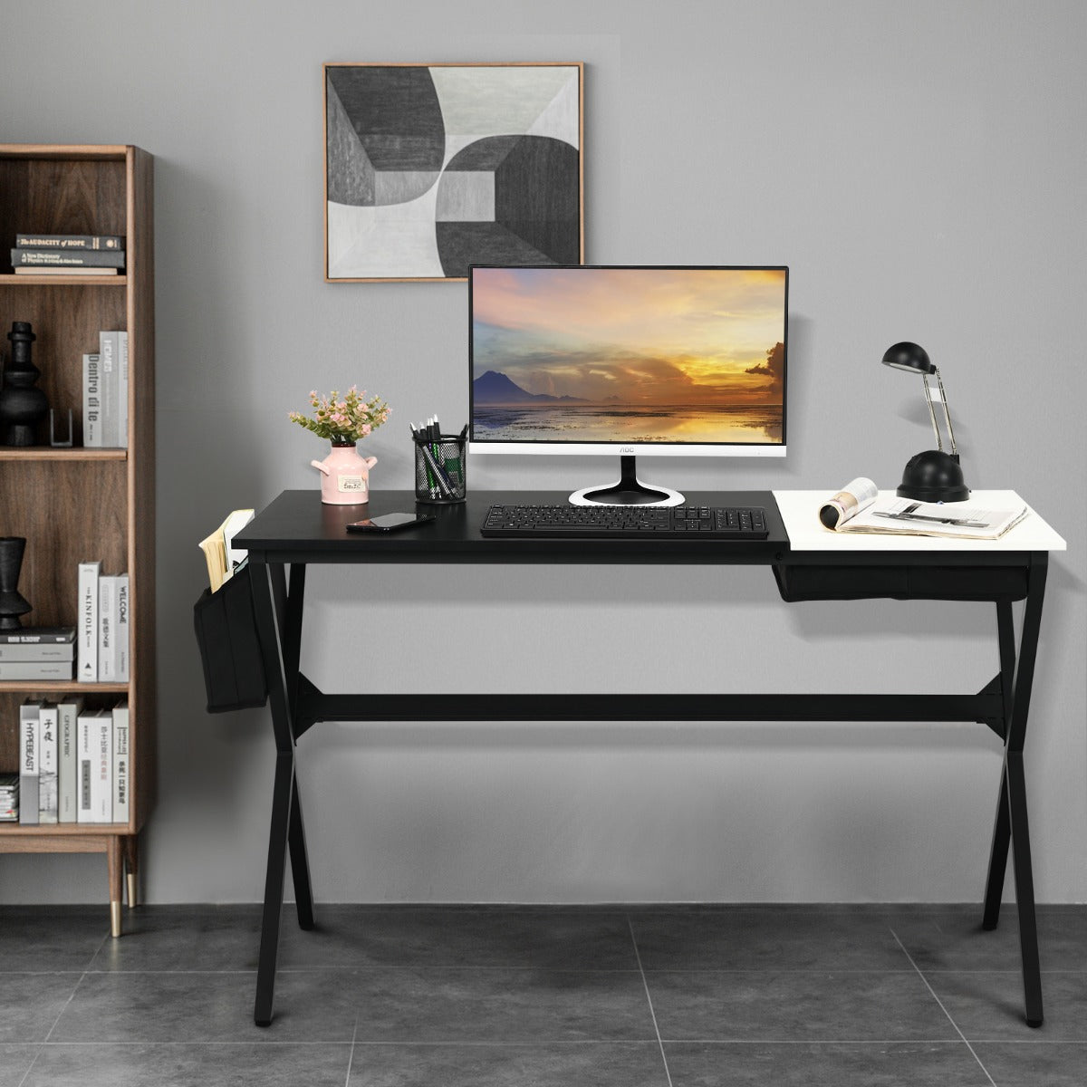 Scrivania Moderna, Scrivania per Ufficio, Scrivania per Computer da 120cm, Scrivania per PC, Nero, Costway, 4