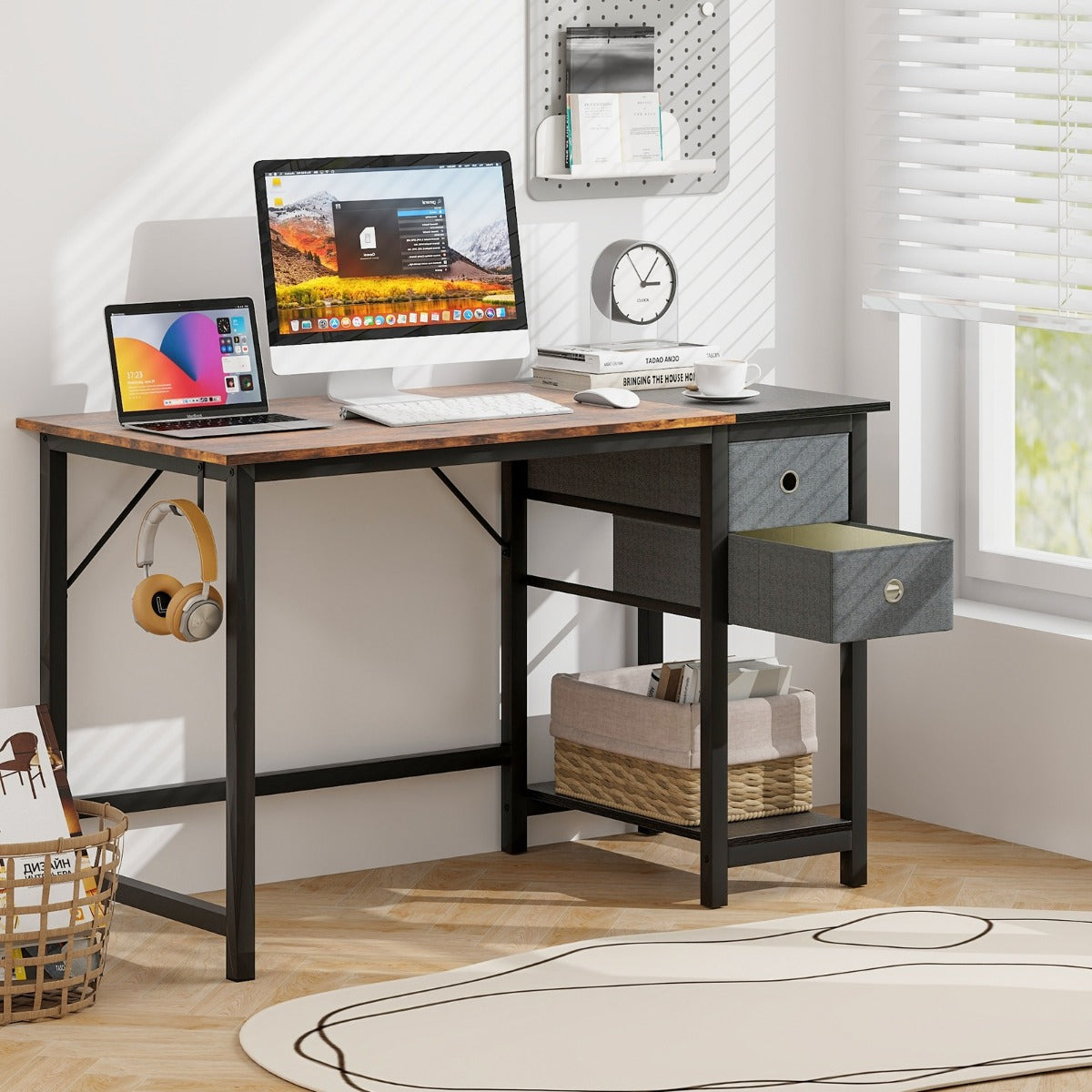 Scrivania Moderna, Scrivania per Ufficio, Scrivania per Computer da 120cm, Scrivania per PC con Ruote, Marrone, Costway, 2