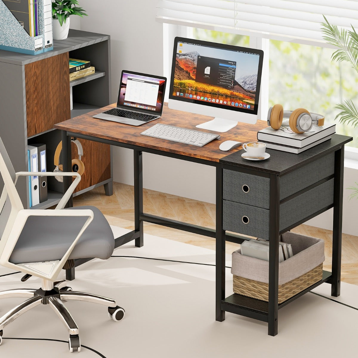 Scrivania Moderna, Scrivania per Ufficio, Scrivania per Computer da 120cm, Scrivania per PC con Ruote, Marrone, Costway, 3