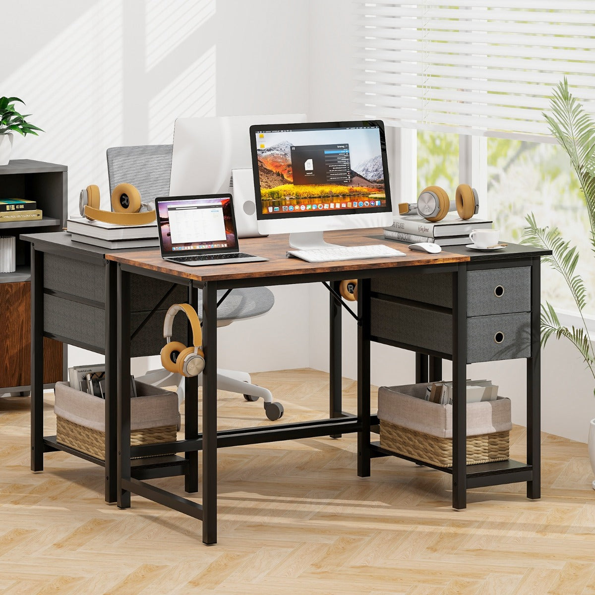 Scrivania Moderna, Scrivania per Ufficio, Scrivania per Computer da 120cm, Scrivania per PC con Ruote, Marrone, Costway, 4