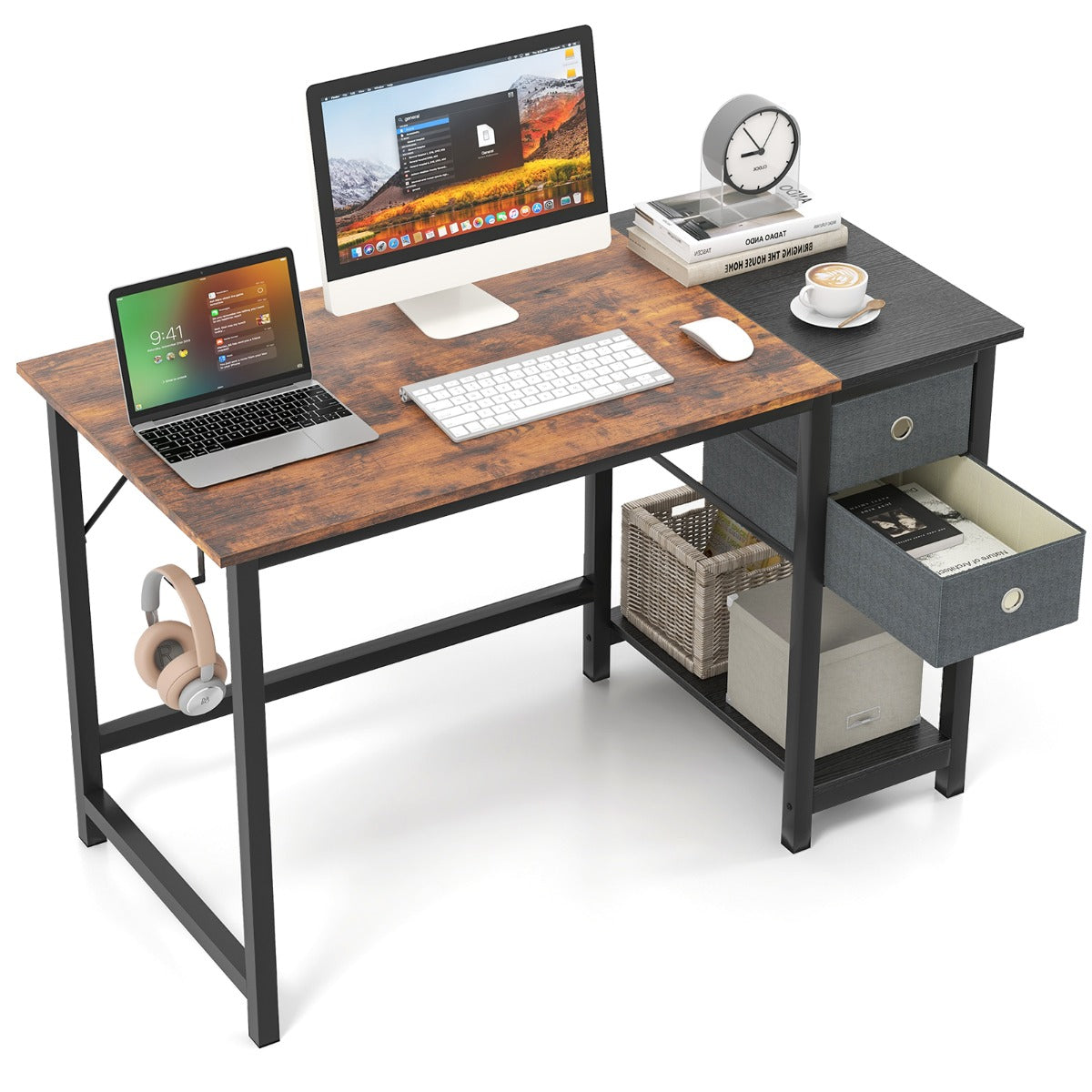 Scrivania Moderna, Scrivania per Ufficio, Scrivania per Computer da 120cm, Scrivania per PC con Ruote, Marrone, Costway, 5