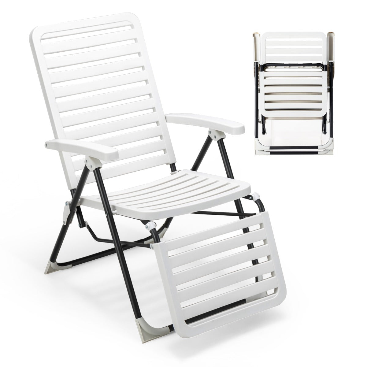 Sedia pieghevole, Sdraio pieghevole, Sedia da giardino, con schienale e poggiapiedi regolabili in 7 posizioni, Bianco, Costway, 1