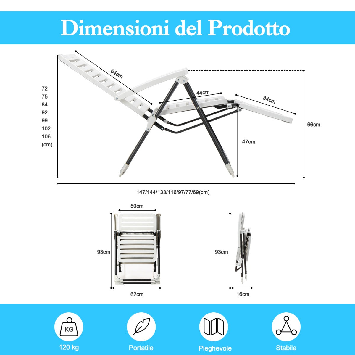 Sedia pieghevole, Sdraio pieghevole, Sedia da giardino, con schienale e poggiapiedi regolabili in 7 posizioni, Bianco, Costway, 3