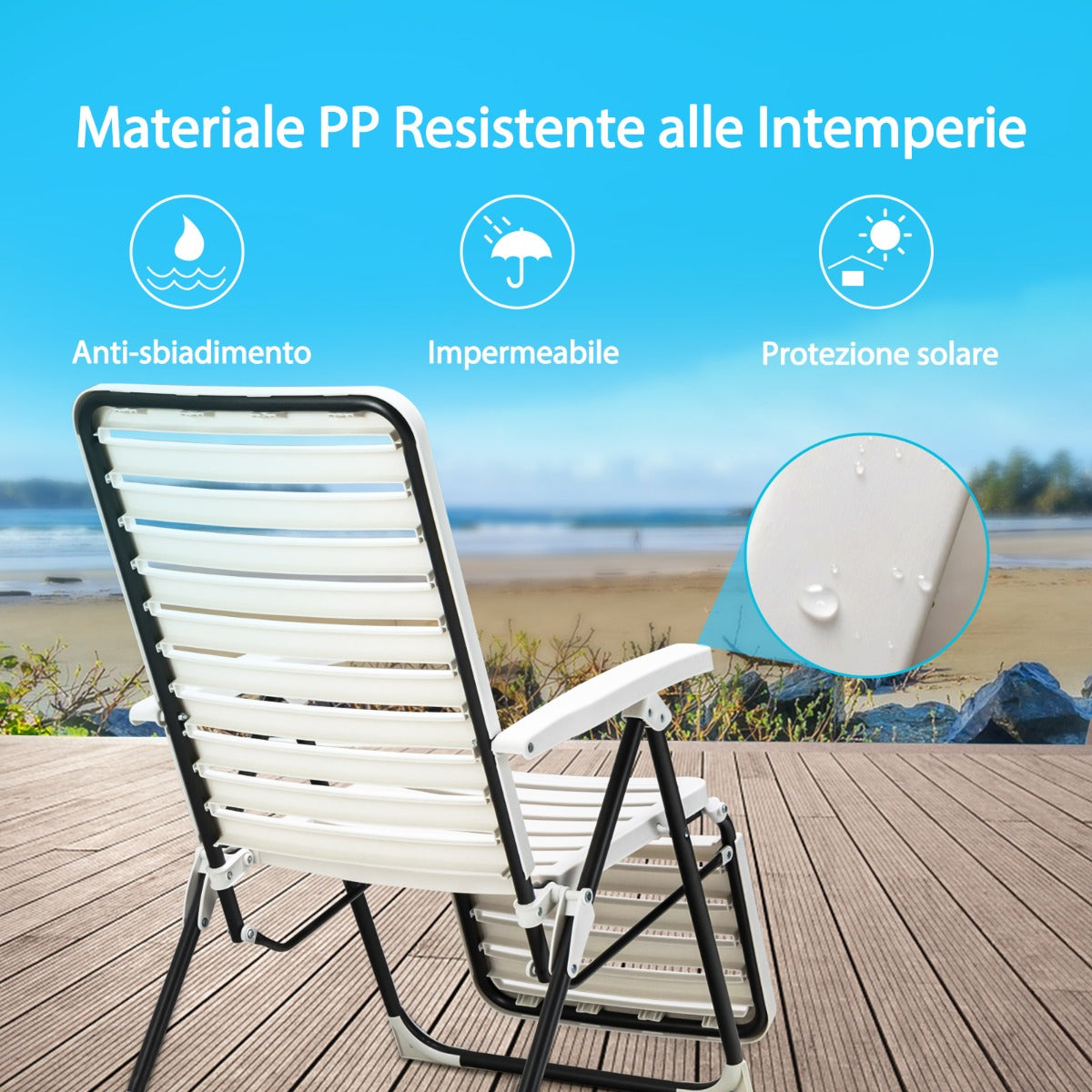 Sedia pieghevole, Sdraio pieghevole, Sedia da giardino, con schienale e poggiapiedi regolabili in 7 posizioni, Bianco, Costway, 4