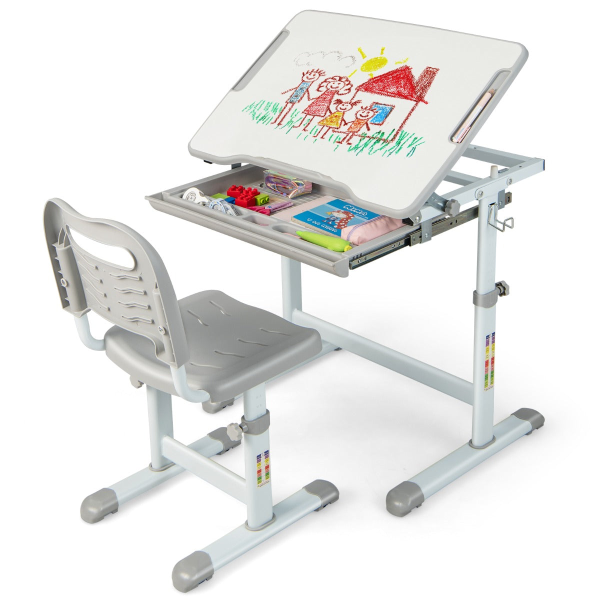 Set, Scrivania bambini elementari, Sedia per bambini, tavolo e sedie bambini, altezza regolabile e cassetto, Grigio, Costway, 3