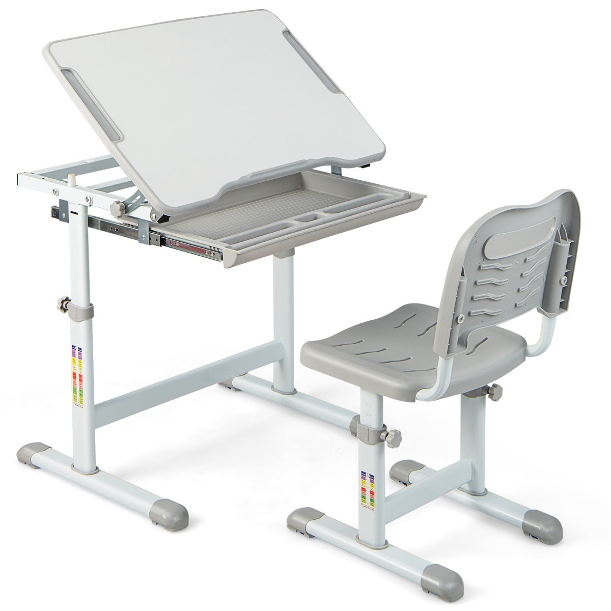 Set, Scrivania bambini elementari, Sedia per bambini, tavolo e sedie bambini, altezza regolabile e cassetto, Grigio, Costway, 1