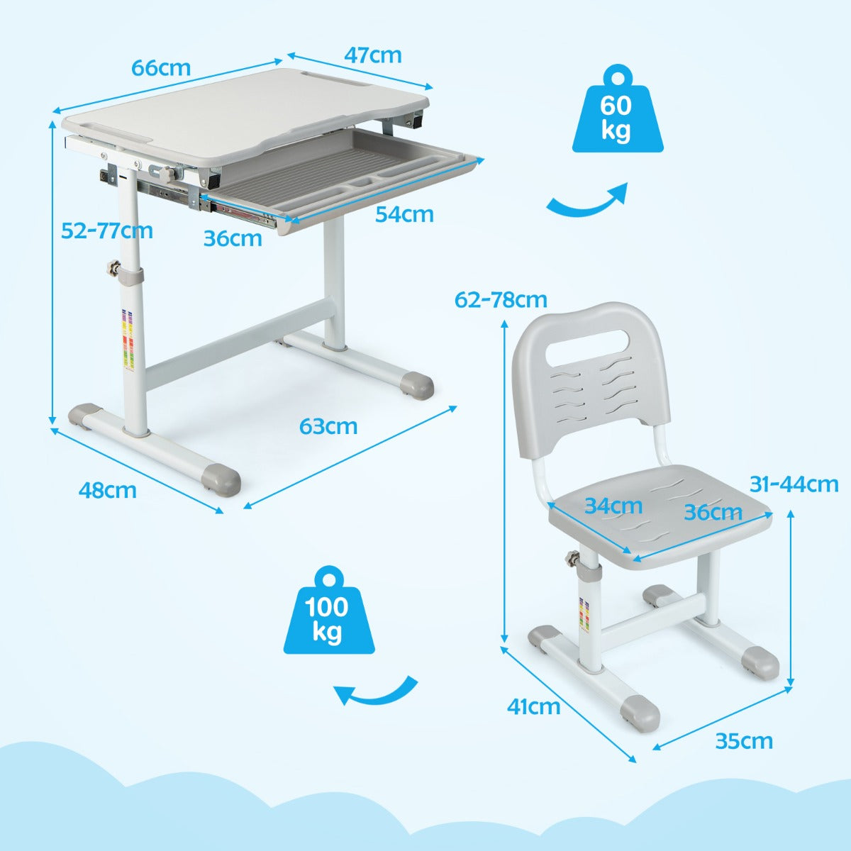 Set, Scrivania bambini elementari, Sedia per bambini, tavolo e sedie bambini, altezza regolabile e cassetto, Grigio, Costway, 4