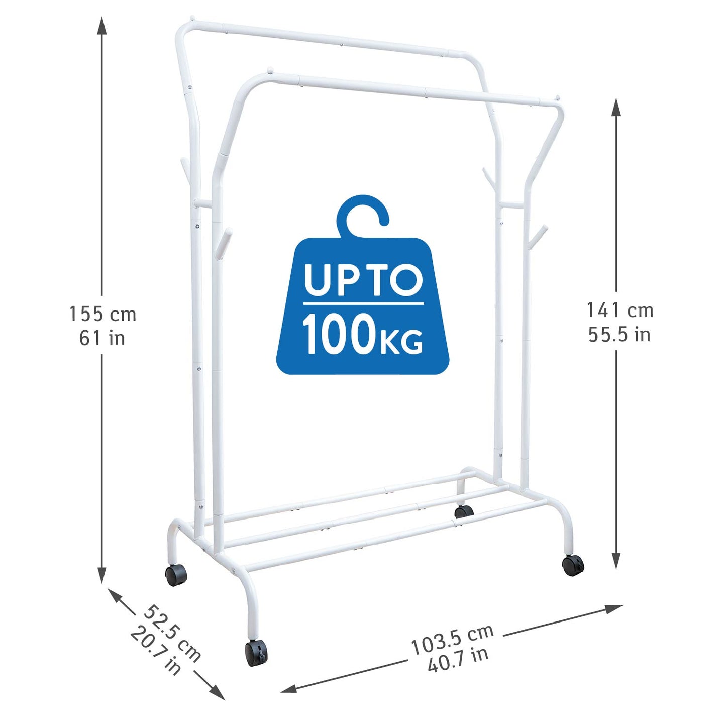 Tatkraft Swan - Stender Appendiabiti, 2 barre e ripiano, Appendiabiti con ruote, supporta 100 kg, Appendiabiti da Terra, 103.5×52.5×155 cm, Bianco