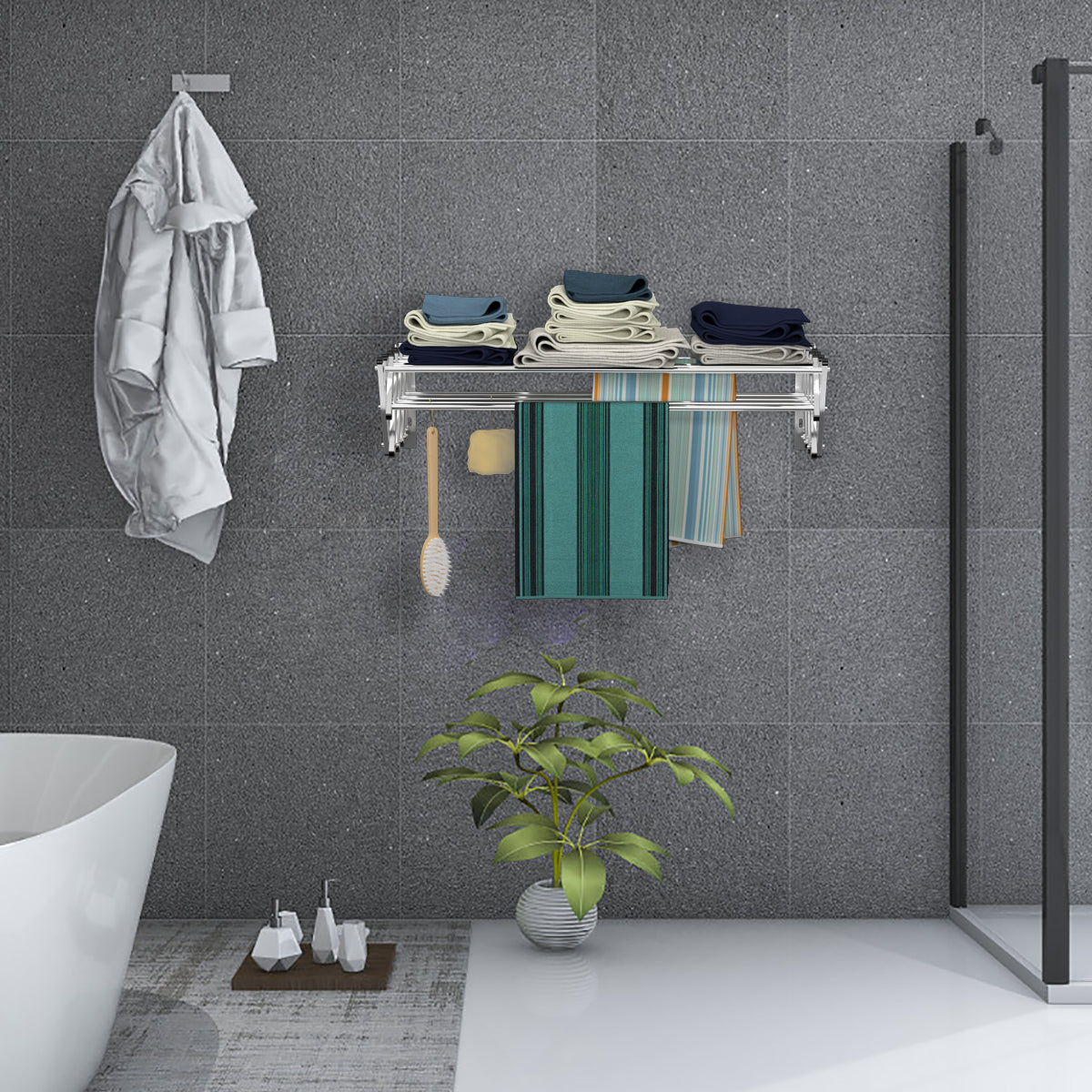 Stendibiancheria da parete, Stendino a muro, Porta asciugamani, con 8 barre, appendi asciugamani bagno, Costway, 4