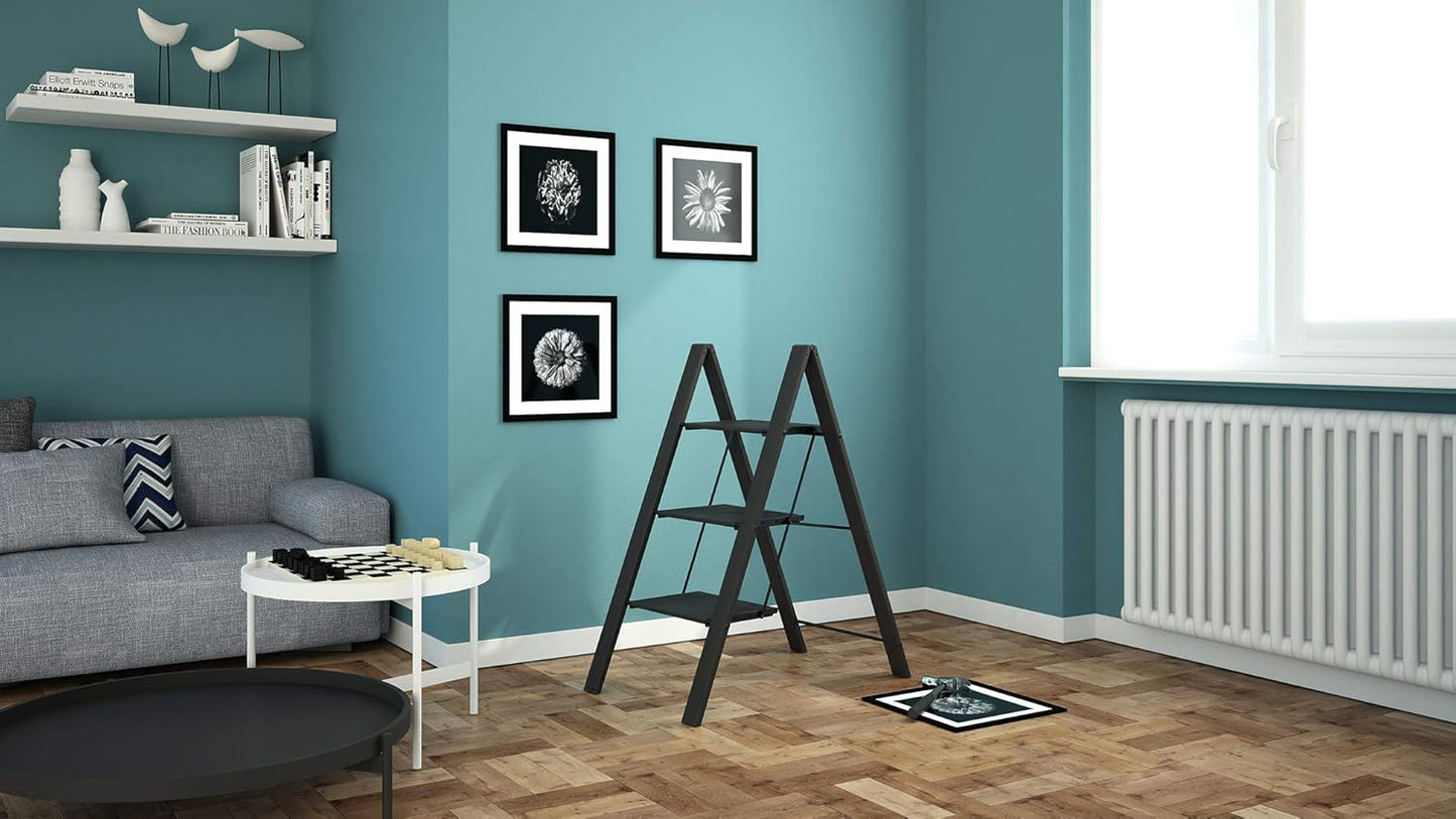Scala a pioli, Scaletta 3 gradini, Scaletta Pieghevole, Scaletta alluminio, fino a 150 kg antiscivolo, Nero, Colombo Leonardo 3 , 2