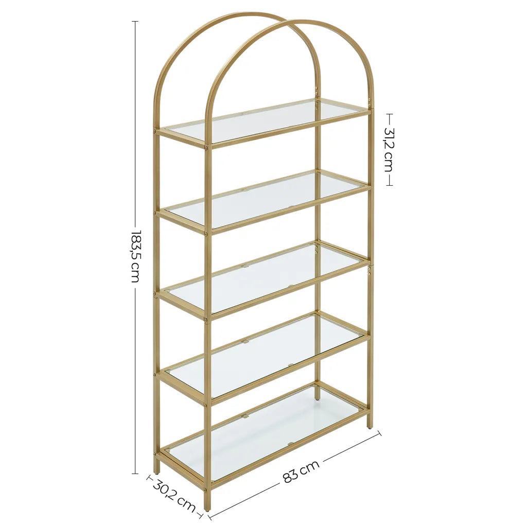 Libreria, Libreria con 5 ripiani, Libreria Dorata, in Vetro Temperato, Struttura in Metallo, Color oro, Vasagle, 10