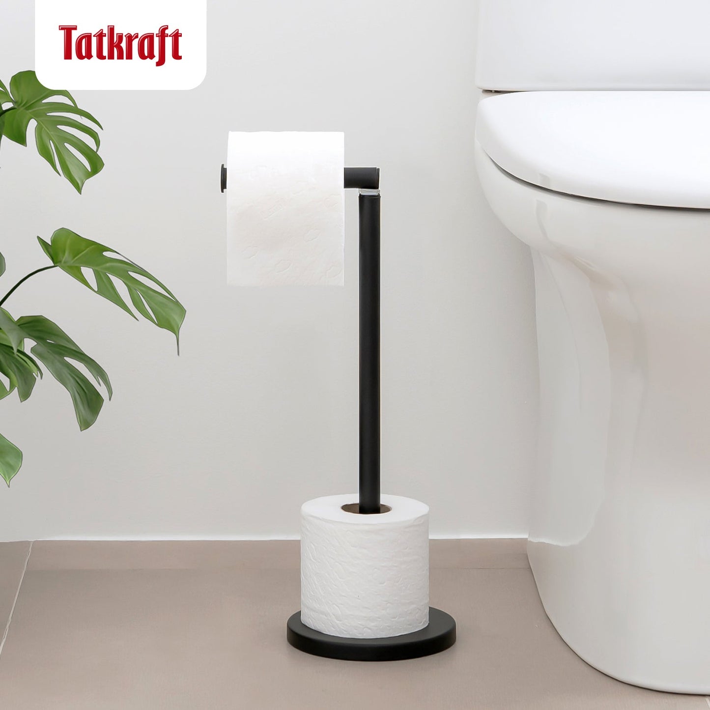 Tatkraft Nora - Porta Carta Igienica da Terra, Supporto per Carta Igienica in Acciaio Inossidabile, Robusta Piantana per 4 Rotoli, 42 x 15 cm, Nero