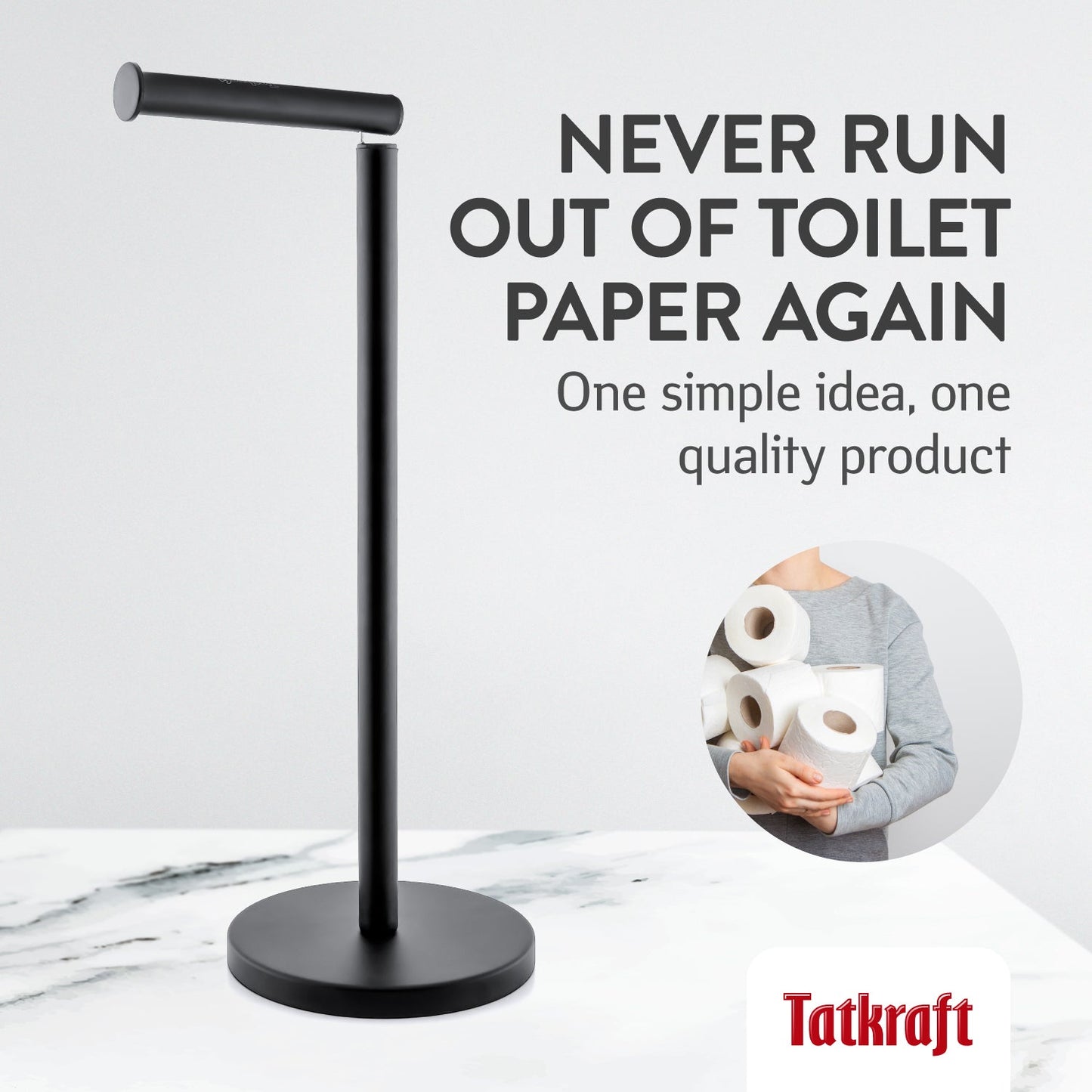 Tatkraft Nora - Porta Carta Igienica da Terra, Supporto per Carta Igienica in Acciaio Inossidabile, Robusta Piantana per 4 Rotoli, 42 x 15 cm, Nero