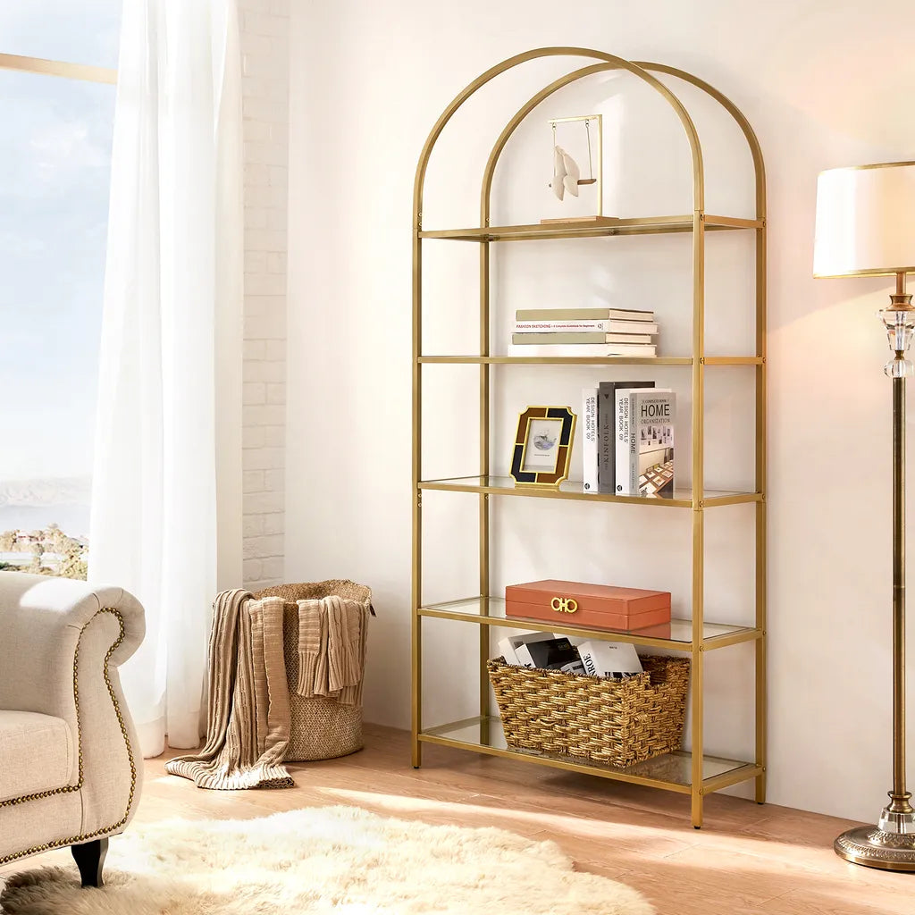 Libreria, Libreria con 5 ripiani, Libreria Dorata, in Vetro Temperato, Struttura in Metallo, Color oro, Vasagle, 1