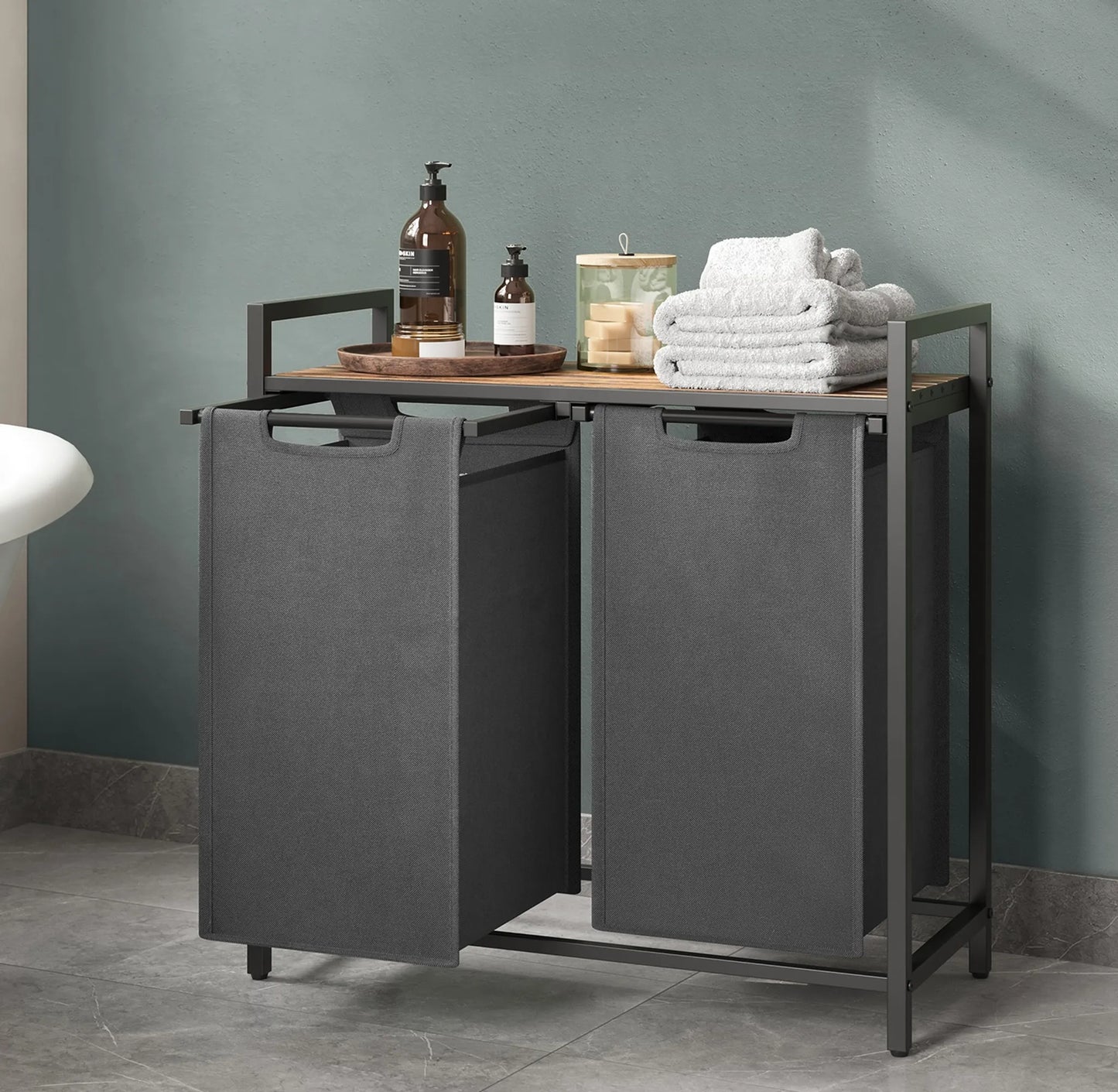 Mobile da bagno, in legno, con due cesti portabiancheria estraibili, VASAGLE