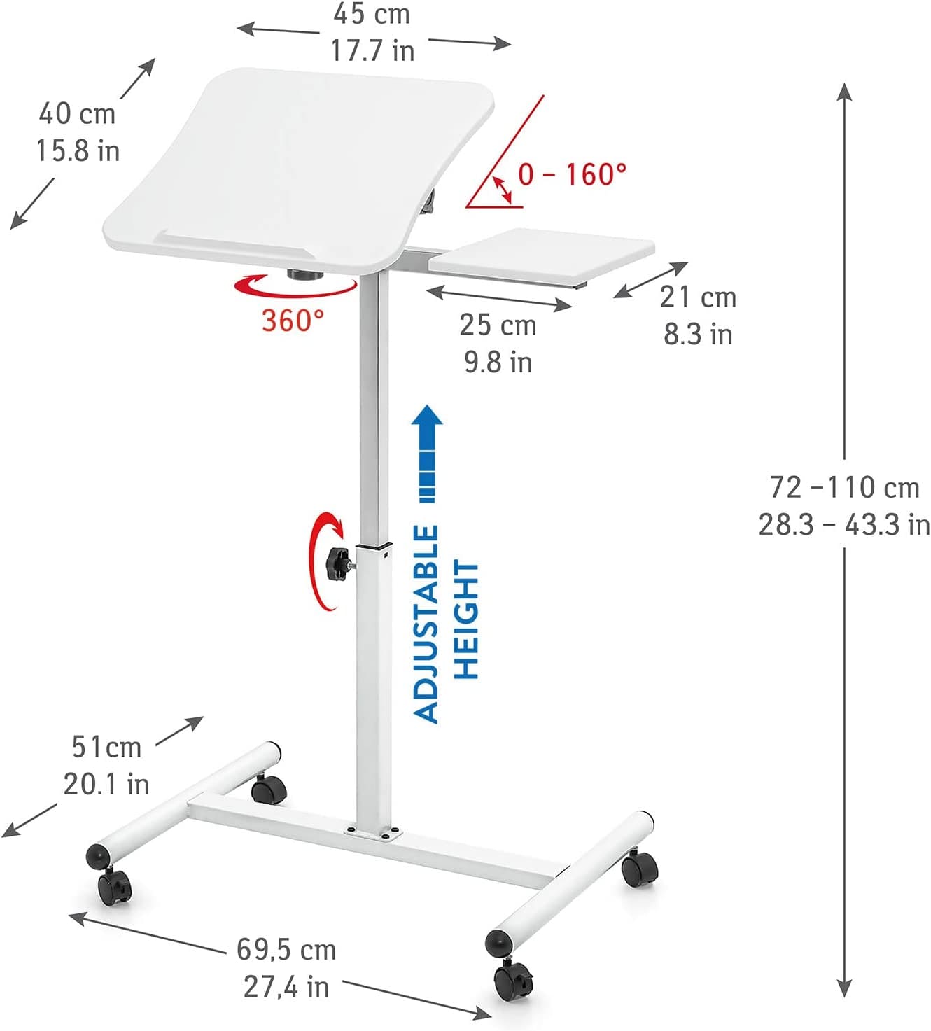 Tavolino porta pc, Altezza regolabile da 72 a 110 cm, su ruote