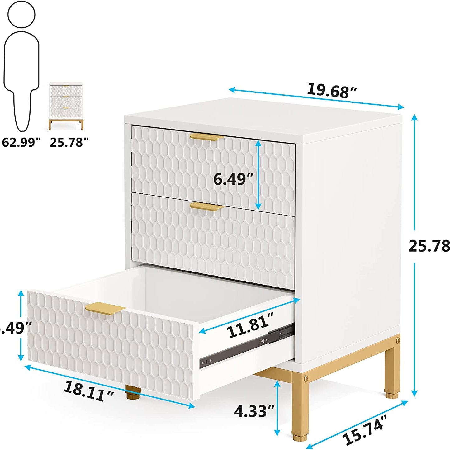 Comodino Set di 2, 3 cassetti alto comodino con stoccaggio, moderno elegante tavolino per camera da letto, Tribesigns, 8
