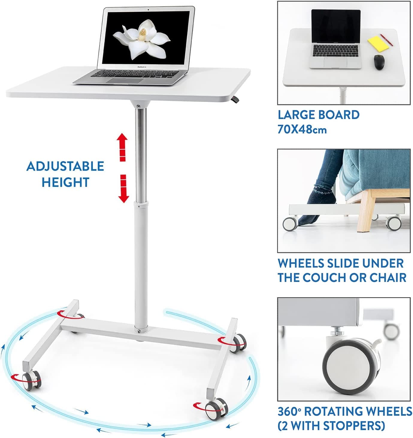 Tavolo porta laptop, 4 ruote girevoli (2 con freni), Altezza regolabile tramite pistone a gas, 74-114 cm, Tatkraft Trend