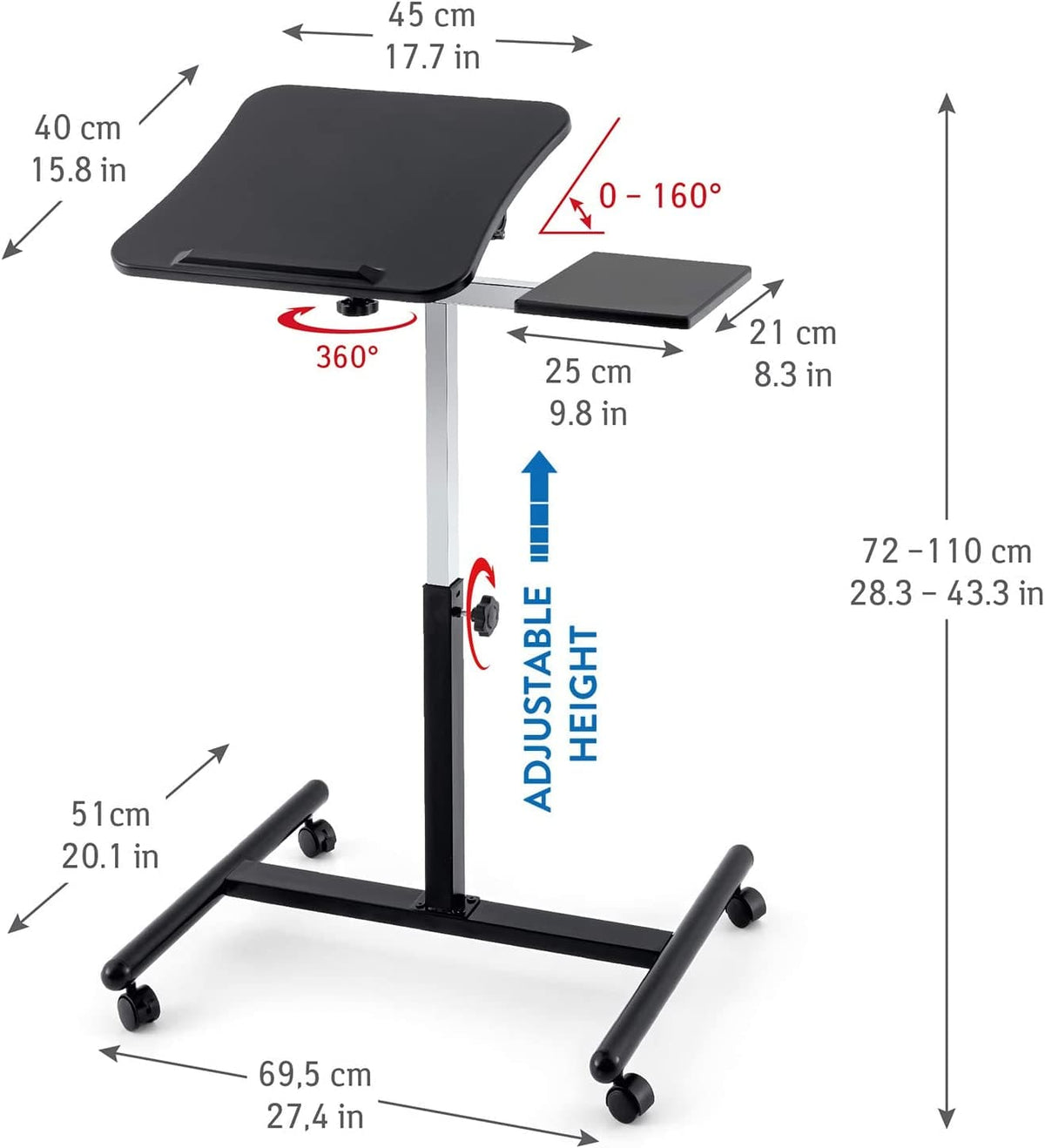 Tavolino porta pc su ruote, altezza regolabile, piattaforma per mouse, 69.5 X 51 X 72-110 cm