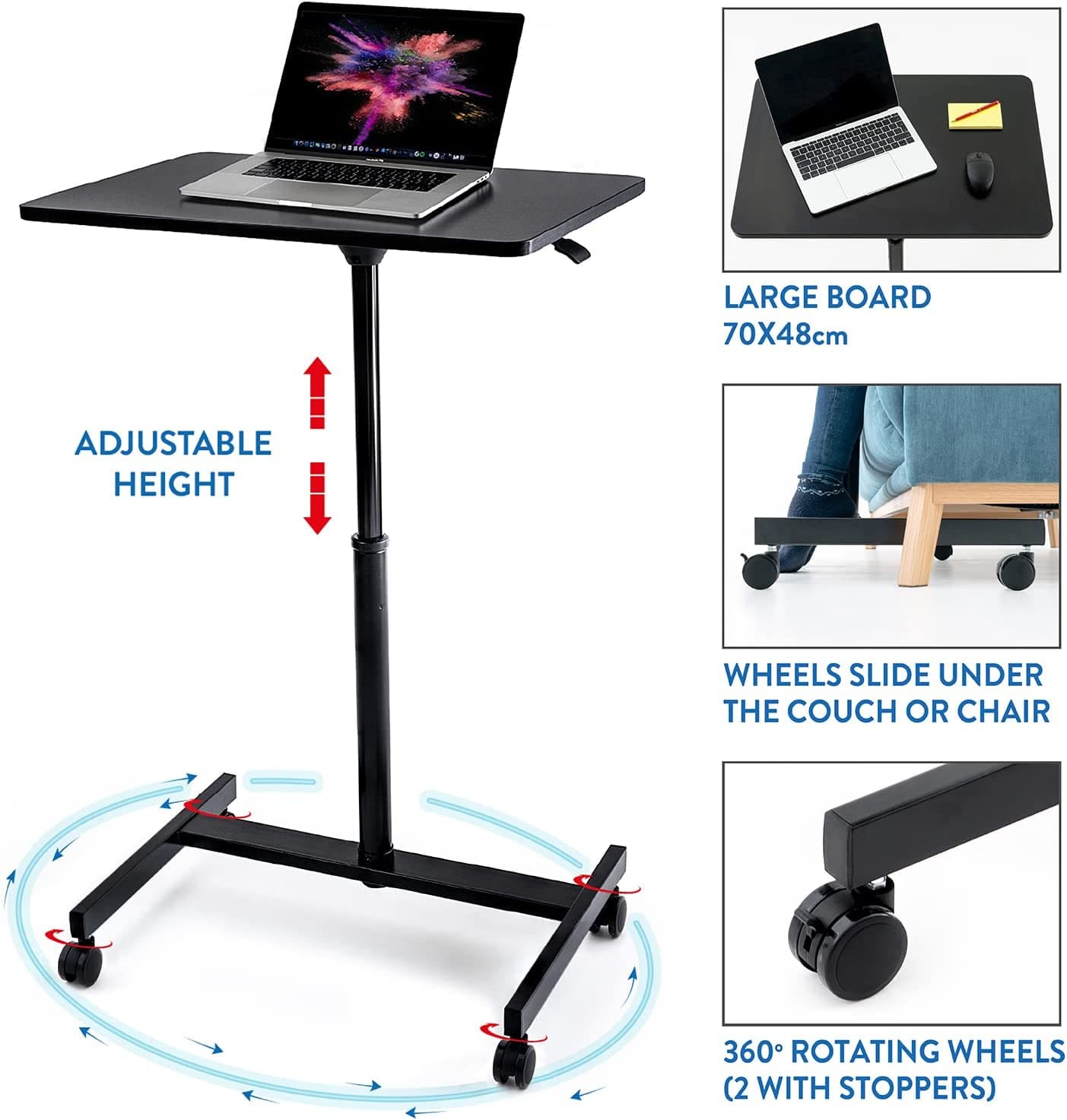 Tatkraft Focus - Tavolino per laptop, regolabile in altezza, con 4 ruote, Si adatta sotto il divano